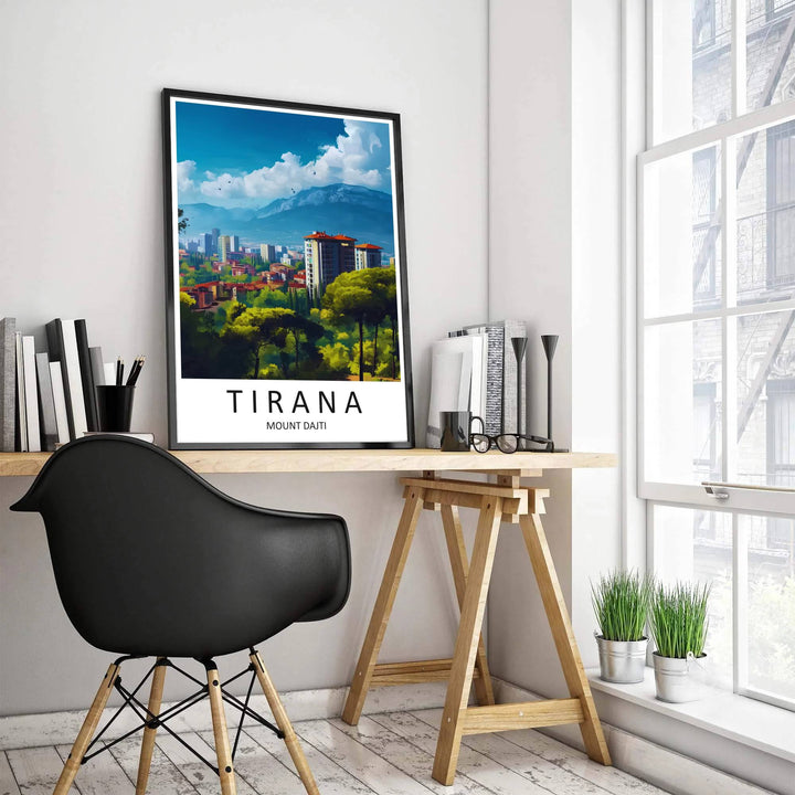 Puffy cumulus clouds drift over the dramatic mountain range above Tirana Albania, accented by bold sans-serif typography reading Tirana Mount Dajti. MapYourDreams offers this piece printed on archival stock with options for custom frames or canvas wraps to complete your gallery wall.