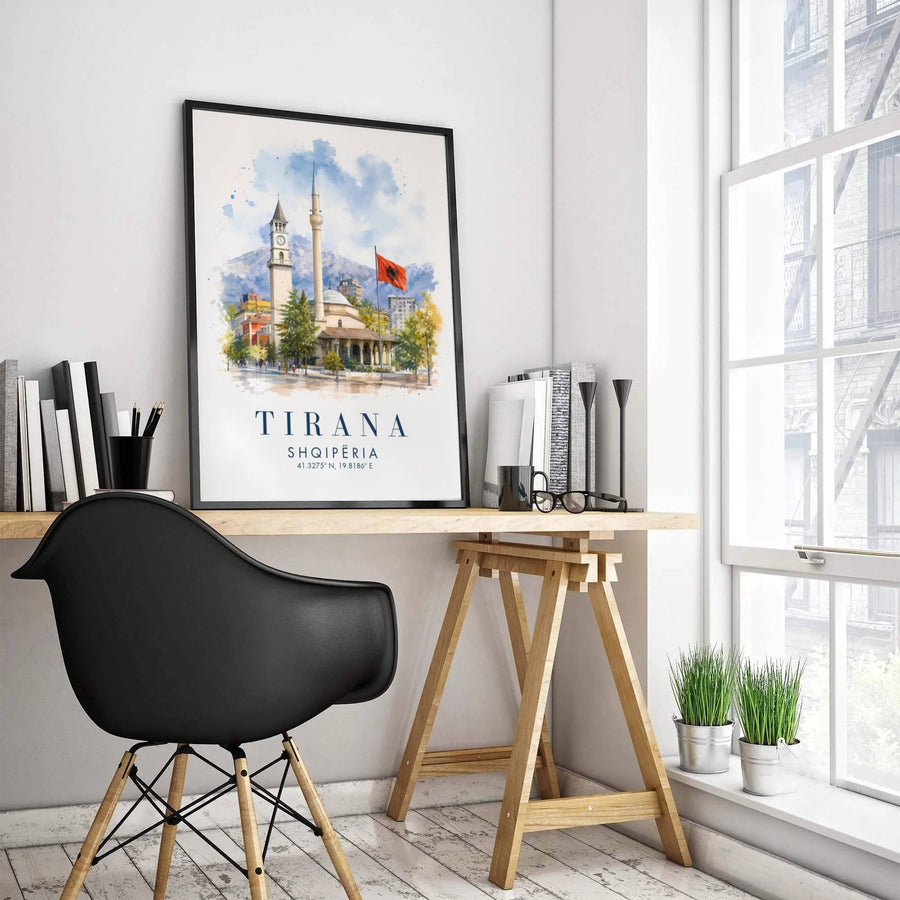 Soft blue and warm stone watercolor washes illustrate the famous Skanderbeg Square monuments in this expressive watercolor illustration, creating a classic European travel poster for living rooms. Offered in versatile formats including unframed art paper, custom wood framing, and stretched canvas wraps.