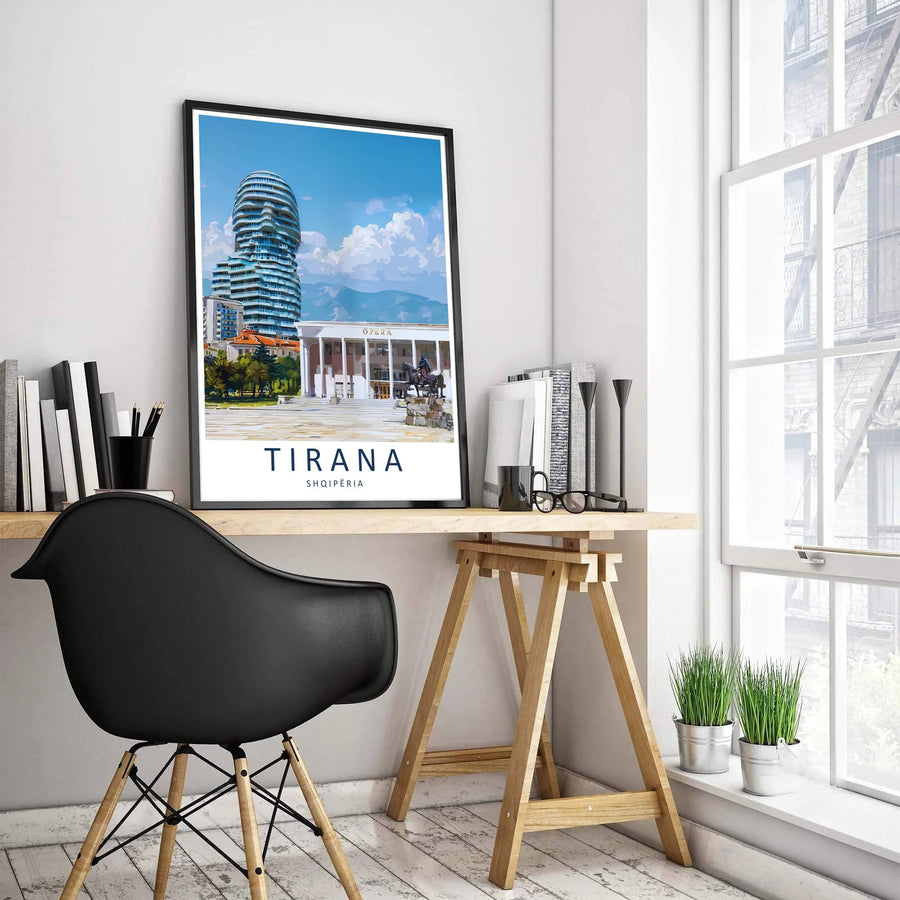 Puffy cumulus clouds drift over the dramatic downtown skyline above Tirana Albania, accented by bold serif typography reading Tirana Shqipëria. MapYourDreams offers this piece printed on archival stock with options for custom frames or canvas wraps to complete your gallery wall.