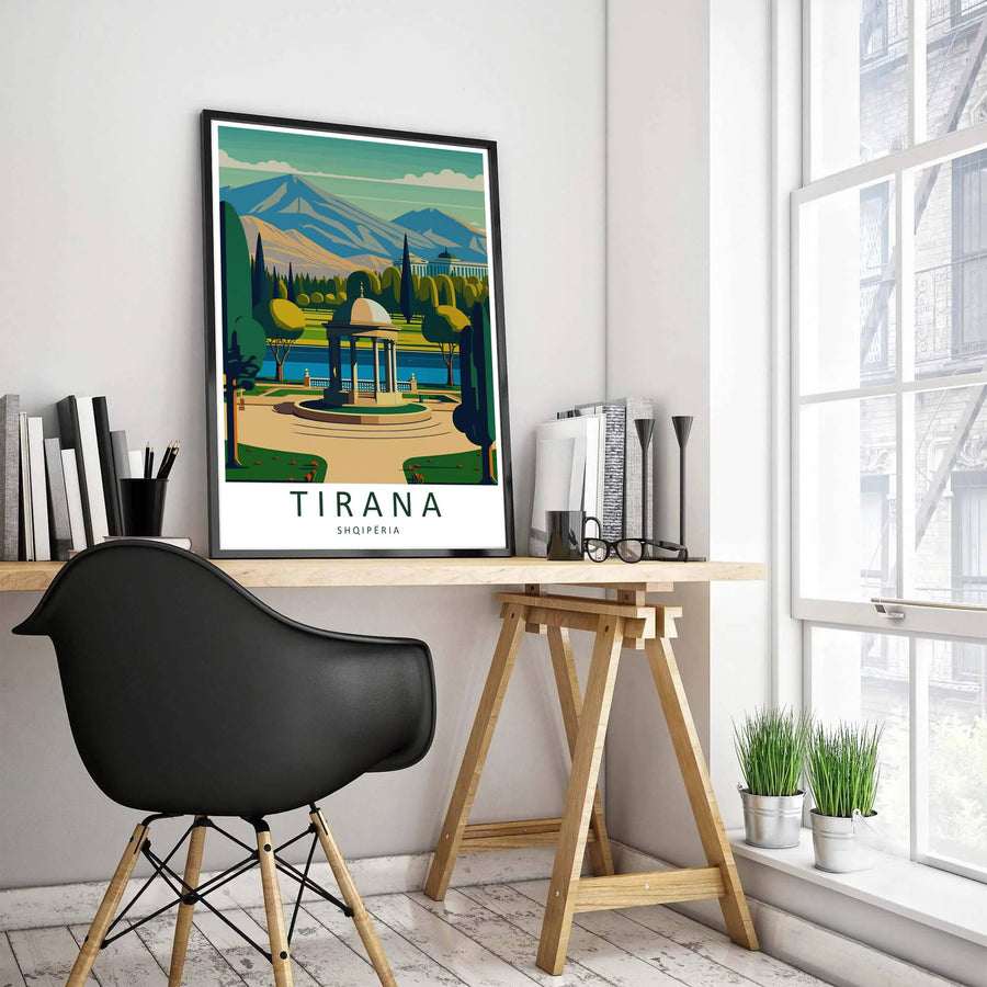 Soft clouds drift over the distant mountain range behind the Grand Park of Tirana Albania, accented by bold serif typography reading Tirana Shqipëria. MapYourDreams offers this piece printed on archival stock with options for custom frames or canvas wraps to complete your gallery wall.