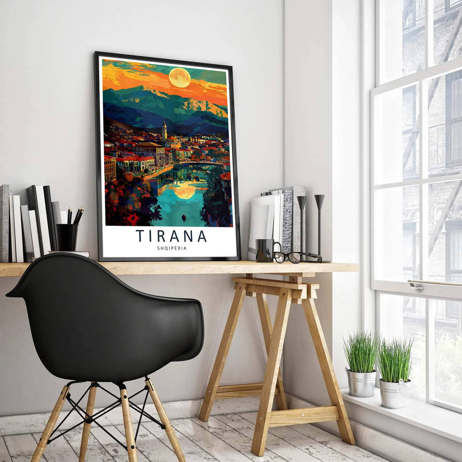 Bold paint strokes and atmospheric lighting accent the historic architecture of Tirana Albania, accented by clean cartographic typography reading Tirana Shqipëria. MapYourDreams offers this piece printed on archival stock with options for custom frames or canvas wraps to complete your gallery wall.
