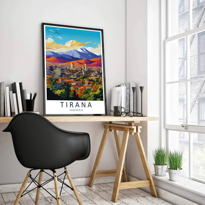 Puffy golden clouds drift over the dramatic mountain range above Tirana Albania, accented by bold serif typography reading Tirana Shqipëria. MapYourDreams offers this piece printed on archival stock with options for custom frames or canvas wraps to complete your gallery wall.