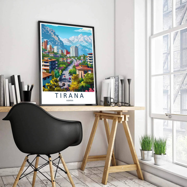 Puffy white clouds drift over the dramatic snow-capped mountain range above Tirana Albania, accented by bold serif typography reading Tirana Albania. MapYourDreams offers this piece printed on archival stock with options for custom frames or canvas wraps to complete your gallery wall.