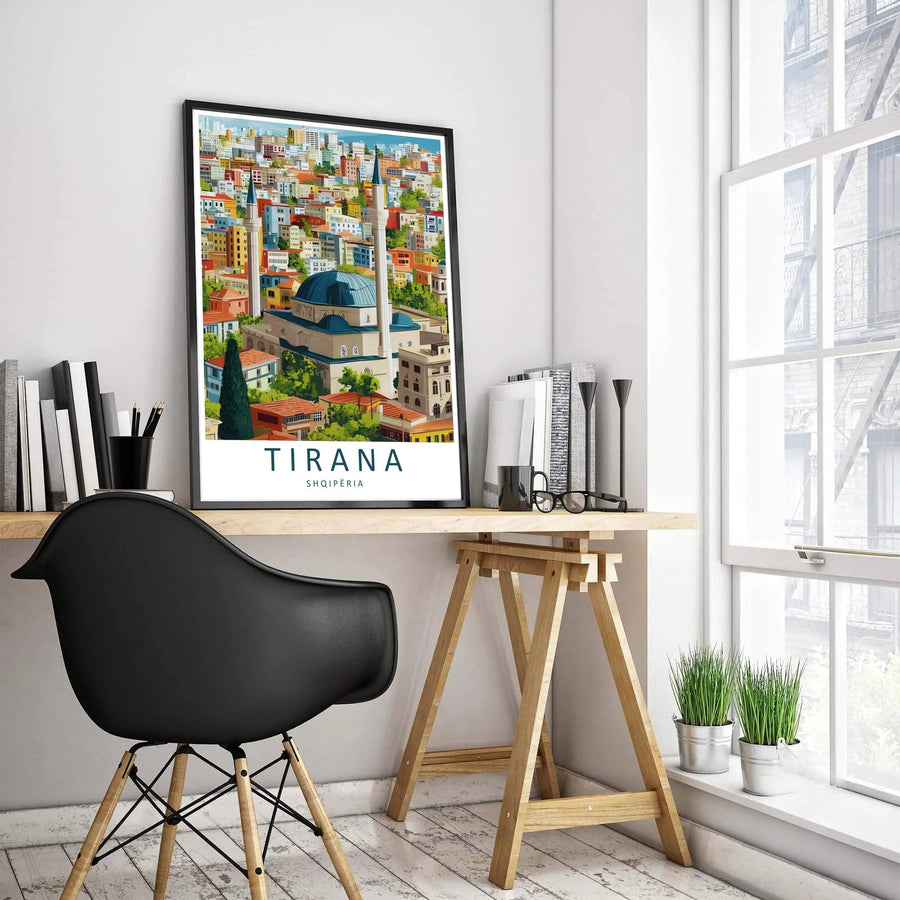 Soft daytime clouds drift over the sprawling capital cityscape behind the Namazgah Mosque of Tirana Albania, accented by bold serif typography reading Tirana Shqipëria. MapYourDreams offers this piece printed on archival stock with options for custom frames or canvas wraps to complete your gallery wall.