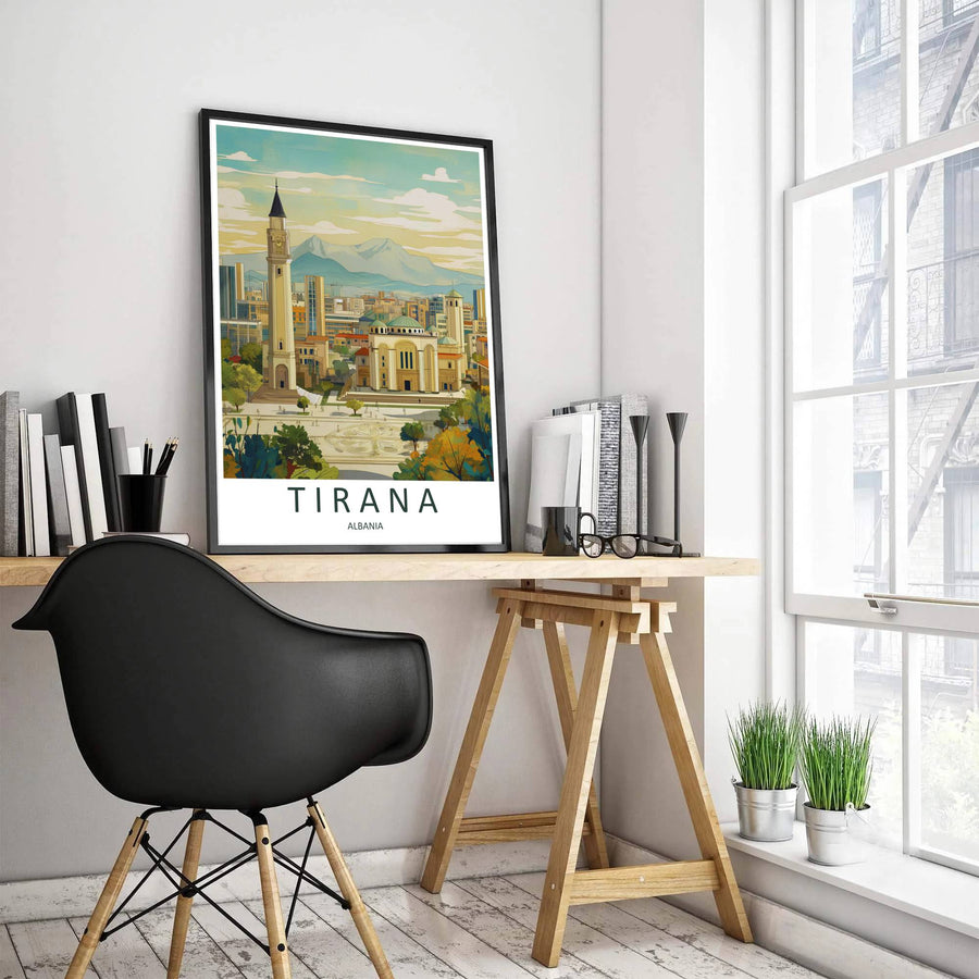 Soft daytime clouds drift over the sprawling capital cityscape behind the Orthodox Cathedral of Tirana Albania, accented by bold serif typography reading Tirana Albania. MapYourDreams offers this piece printed on archival stock with options for custom frames or canvas wraps to complete your gallery wall.