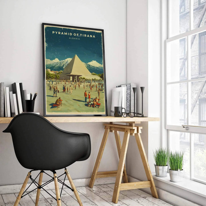 Weathered texture effects accent the dramatic mountain range behind the Pyramid of Tirana Albania, accented by bold cream serif typography reading Pyramid of Tirana. MapYourDreams offers this piece printed on archival stock with options for custom frames or canvas wraps to complete your gallery wall.