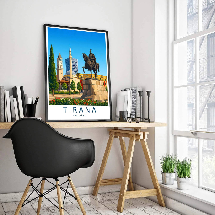 Soft daytime clouds drift over the sprawling capital cityscape behind the Skanderbeg Monument of Tirana Albania, accented by bold serif typography reading Tirana Shqipëria. MapYourDreams offers this piece printed on archival stock with options for custom frames or canvas wraps to complete your gallery wall.