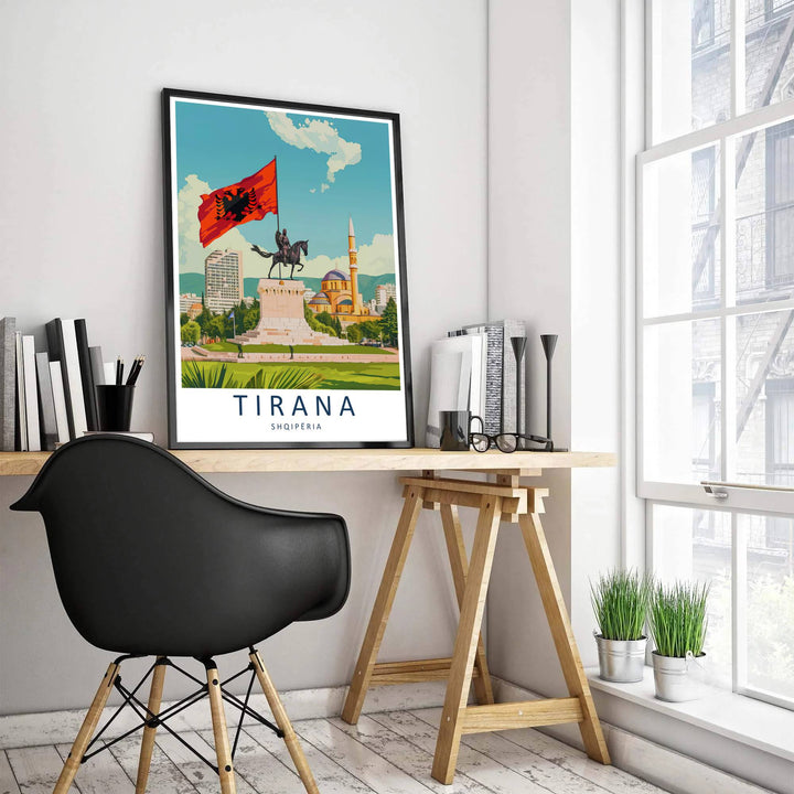 Soft daytime clouds drift over the sprawling capital cityscape behind the Skanderbeg Square monument of Tirana Albania, accented by bold serif typography reading Tirana Shqipëria. MapYourDreams offers this piece printed on archival stock with options for custom frames or canvas wraps to complete your gallery wall.