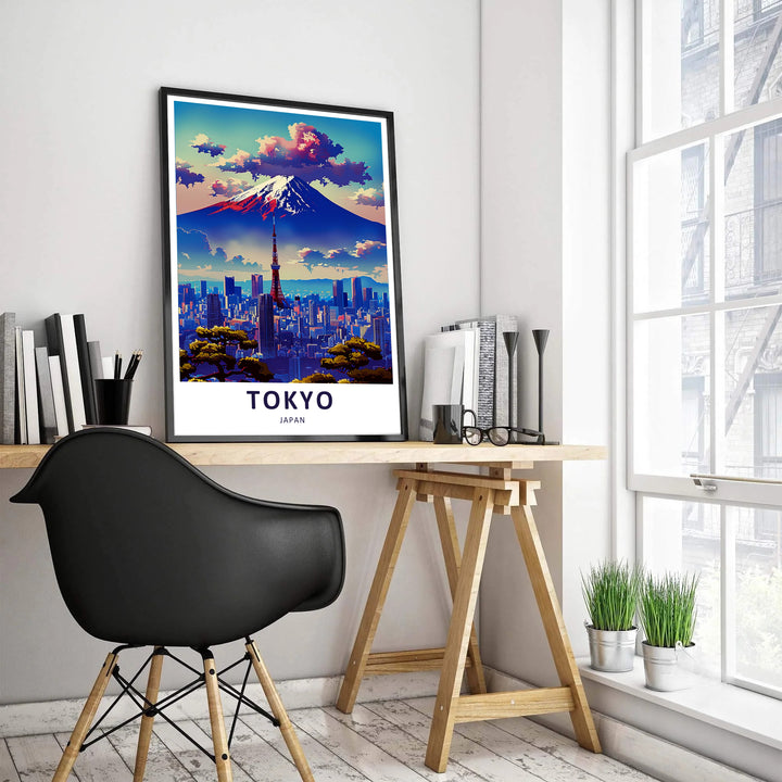 Scenic travel illustration of Tokyo Japan with Mount Fuji, bright sunset clouds, and red Tokyo Tower accents. Offered by MapYourDreams, this artwork is available in flexible options including unframed paper, custom wooden frames, and gallery canvas wraps.