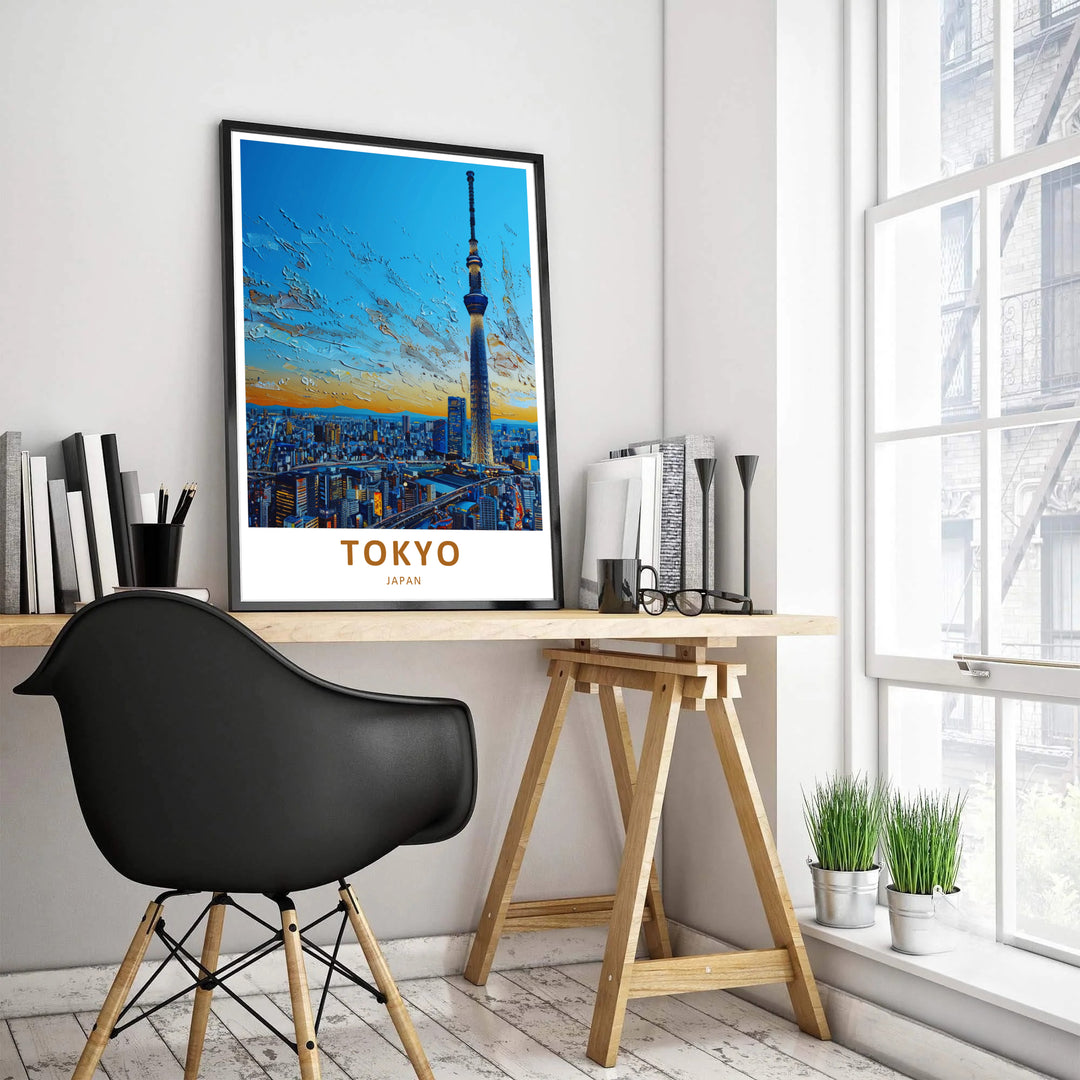 Scenic travel illustration of Tokyo Skytree in Japan with vivid blue, orange sunset glow, and night city lights. Offered by MapYourDreams, this artwork is available in flexible options including unframed paper, custom wooden frames, and gallery canvas wraps.