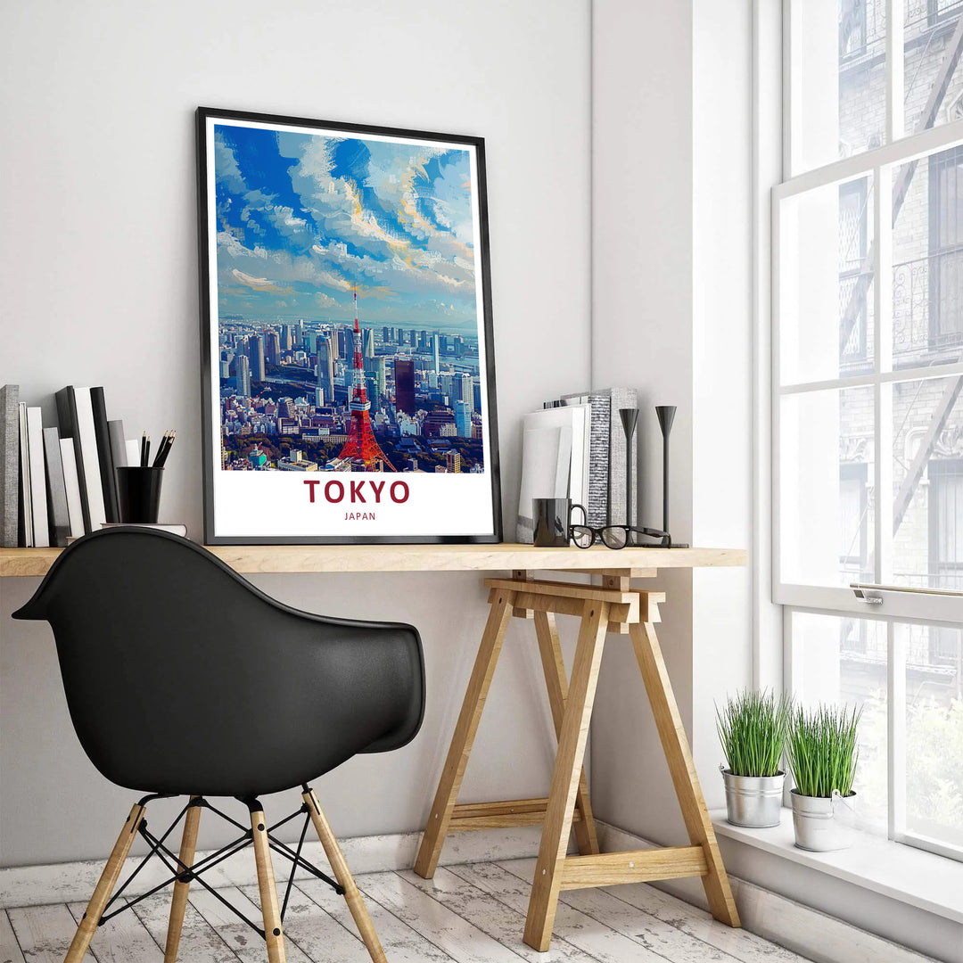 Tokyo Tower skyline wall art featuring impressionistic painterly textures across a vibrant daytime sky. Offered by MapYourDreams, this artwork is available in flexible options including unframed paper, custom wooden frames, and gallery canvas wraps for home or office.