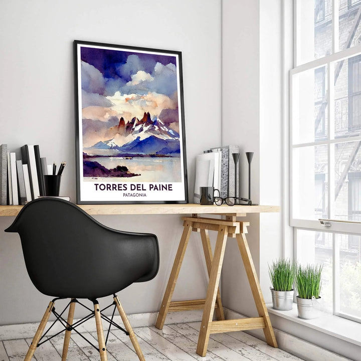 Showcasing the atmospheric beauty of Southern Patagonia, this Torres del Paine wall art features a fluid watercolor painting of misty peaks and lake reflections, designed by MapYourDreams across versatile formats including unframed paper, custom frames, and canvas wraps.