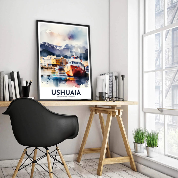 Capturing rust red boat hulls and shimmering navy blue water reflections, this Ushuaia port print brings maritime wanderlust directly into your home, presented by MapYourDreams with selection flexibility across unframed paper, hand-crafted frames, and canvas wraps.