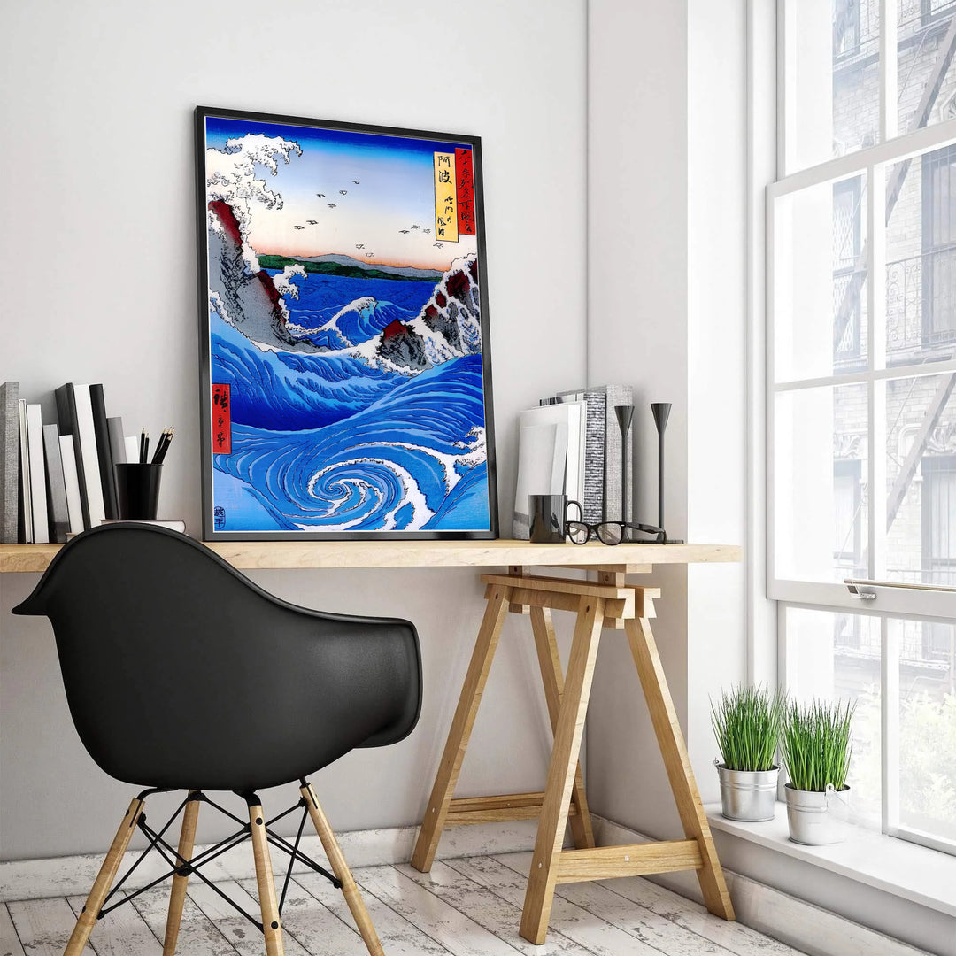 Utagawa Hiroshige museum exhibition print Naruto Whirlpool Awa Province by artist Utagawa Hiroshige showcasing an 1853 ocean wave woodblock print from Naruto Whirlpool Awa Province. MapYourDreams features high-quality framed, unframed, and stretched canvas print options.