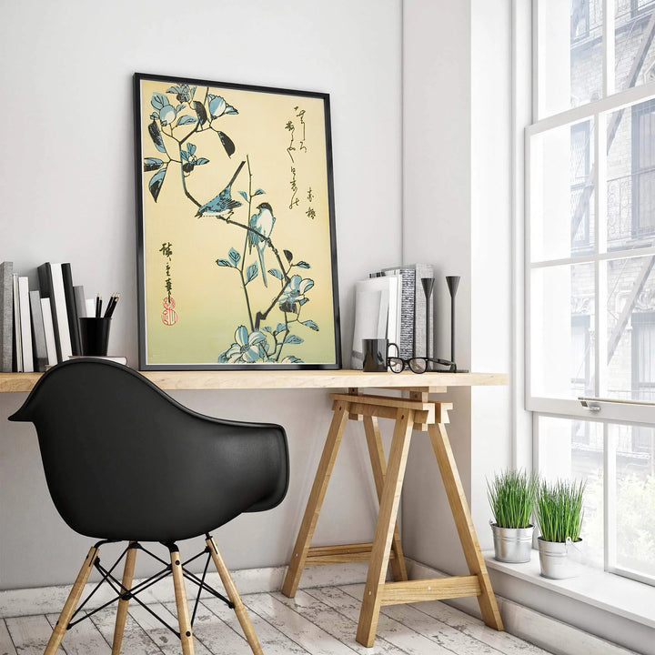 Utagawa Hiroshige museum exhibition print Birds Flowering Branch by artist Utagawa Hiroshige showcasing an 1832 Japanese bird woodblock print from Edo Botanical Garden. MapYourDreams features high-quality framed, unframed, and stretched canvas print options.