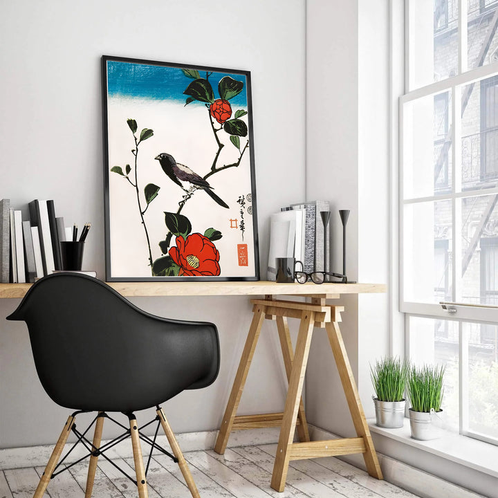 Utagawa Hiroshige museum exhibition print Java Sparrow Camellia by artist Utagawa Hiroshige showcasing an 1830 floral bird woodblock print from Kyoto Camellia Garden. MapYourDreams features high-quality framed, unframed, and stretched canvas print options.