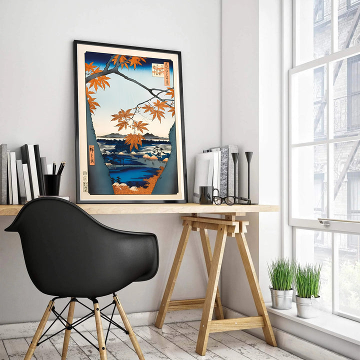 Utagawa Hiroshige exhibition poster Maple Trees at Mama by artist Utagawa Hiroshige featuring an autumn tree perspective at Maple Trees at Mama and Tekona Shrine. MapYourDreams features high-quality framed, unframed, and stretched canvas print choices.