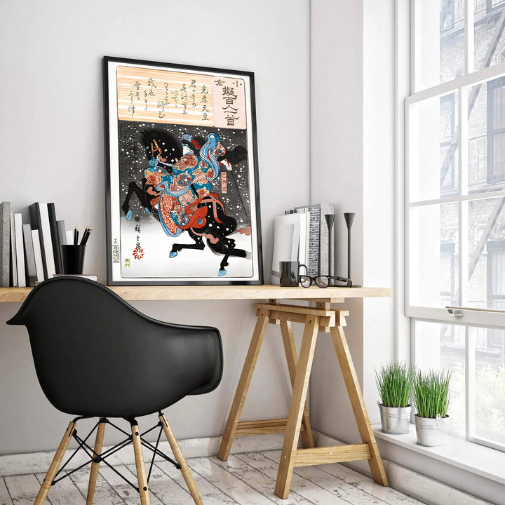 Utagawa Kunisada exhibition print Emperor Koko Tomoe Gozen by artist Utagawa Kunisada showcasing a historic female samurai print from Kurikara Pass Battleground. MapYourDreams features high-quality framed, unframed, and stretched canvas print options.