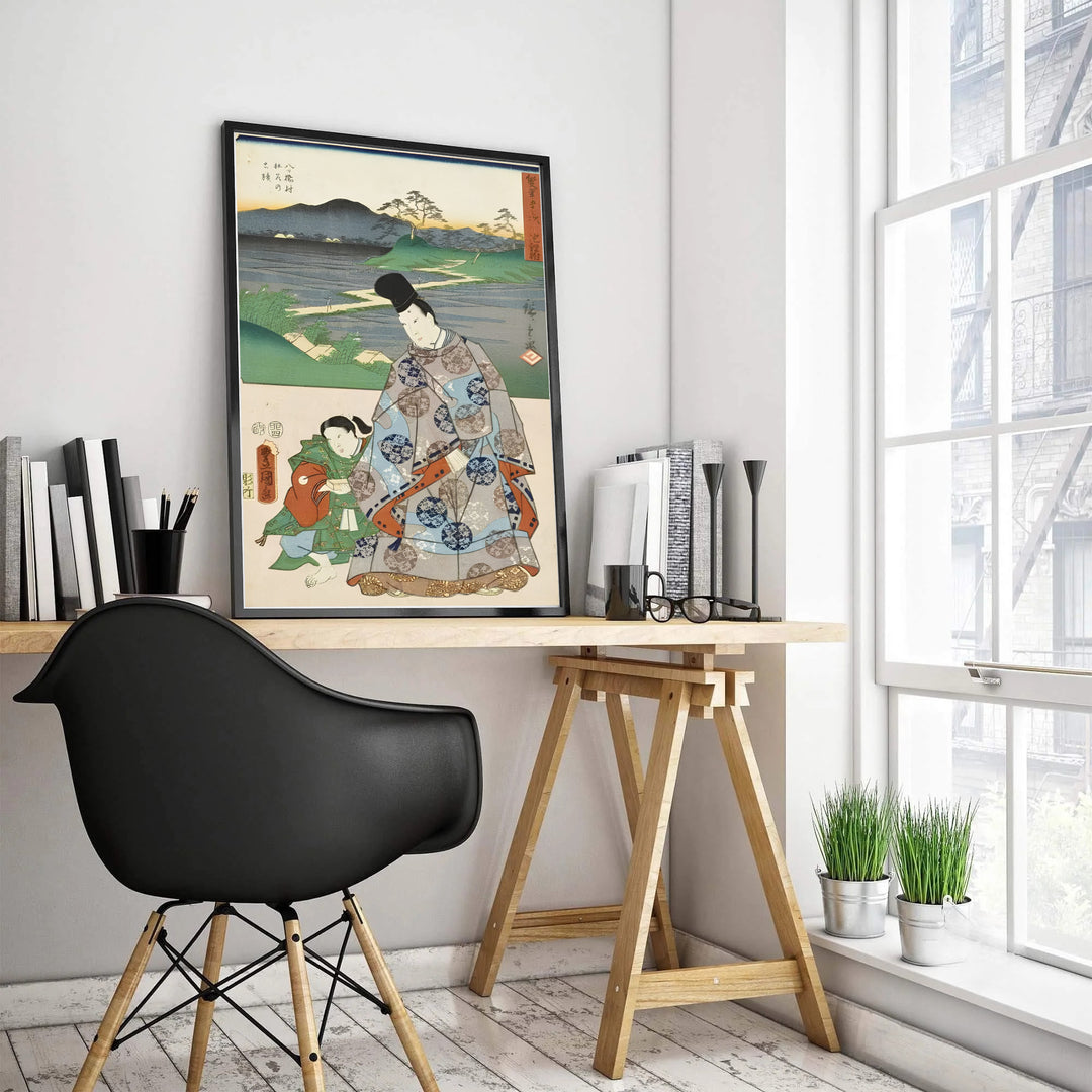 Utagawa Kunisada and Hiroshige exhibition poster Chiryu Yatsuhashi by artist Utagawa Kunisada and Utagawa Hiroshige featuring a nobleman portrait at Chiryu Post Station and Yatsuhashi Bridge. MapYourDreams features high-quality framed, unframed, and stretched canvas print choices.