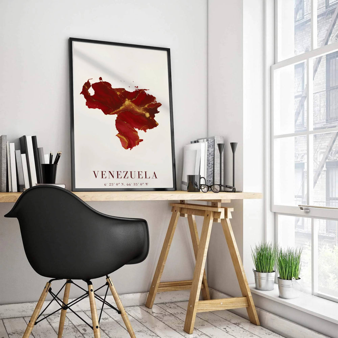 Modern geographic fluid art print illustrating the map silhouette of Venezuela with rich crimson and gold marbling on cream paper. Produced by MapYourDreams, you can order this design on fine art paper, mounted in protective frames, or as a canvas display.