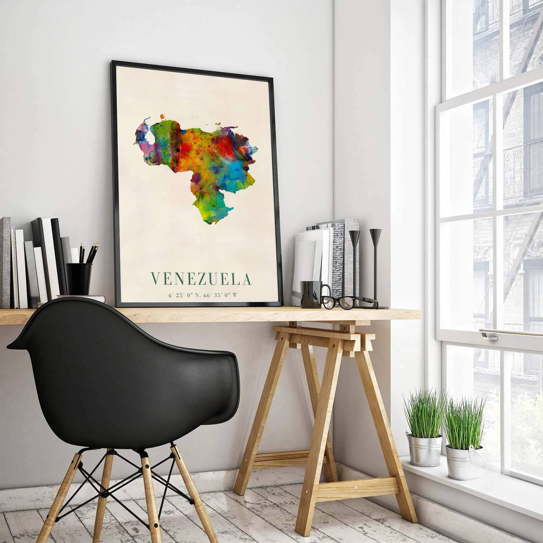 Colorful South American country silhouette poster depicting rainbow paint drips, splatters, and official national coordinates. Created by MapYourDreams, this artwork is adaptable for any interior in unframed prints, solid wooden frames, or gallery canvas wraps.