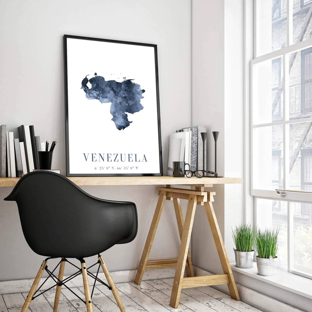 Modern geographic art print illustrating the map silhouette of Venezuela created with soft navy blue watercolor textures. Produced by MapYourDreams, you can order this design on fine art paper, mounted in protective frames, or as a canvas display.