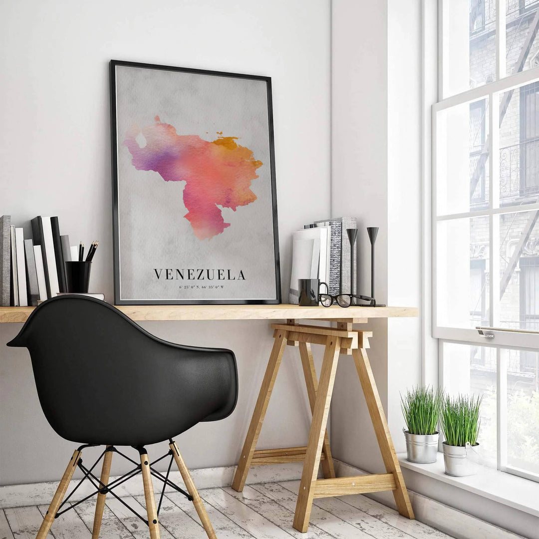Soft romantic watercolor cartography travel poster of Venezuela showcasing pastel pink, coral, and ochre pigment mottling. Presented by MapYourDreams, this piece comes in flexible choices such as unframed paper stock, custom frames, and gallery canvas wraps.