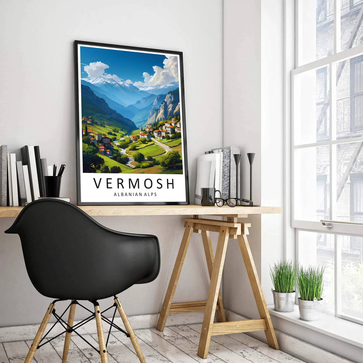 Soft daytime clouds drift over the jagged mountain range of Vermosh Albania, accented by bold serif typography reading Vermosh Albanian Alps. MapYourDreams offers this piece printed on archival stock with options for custom frames or canvas wraps to complete your gallery wall.