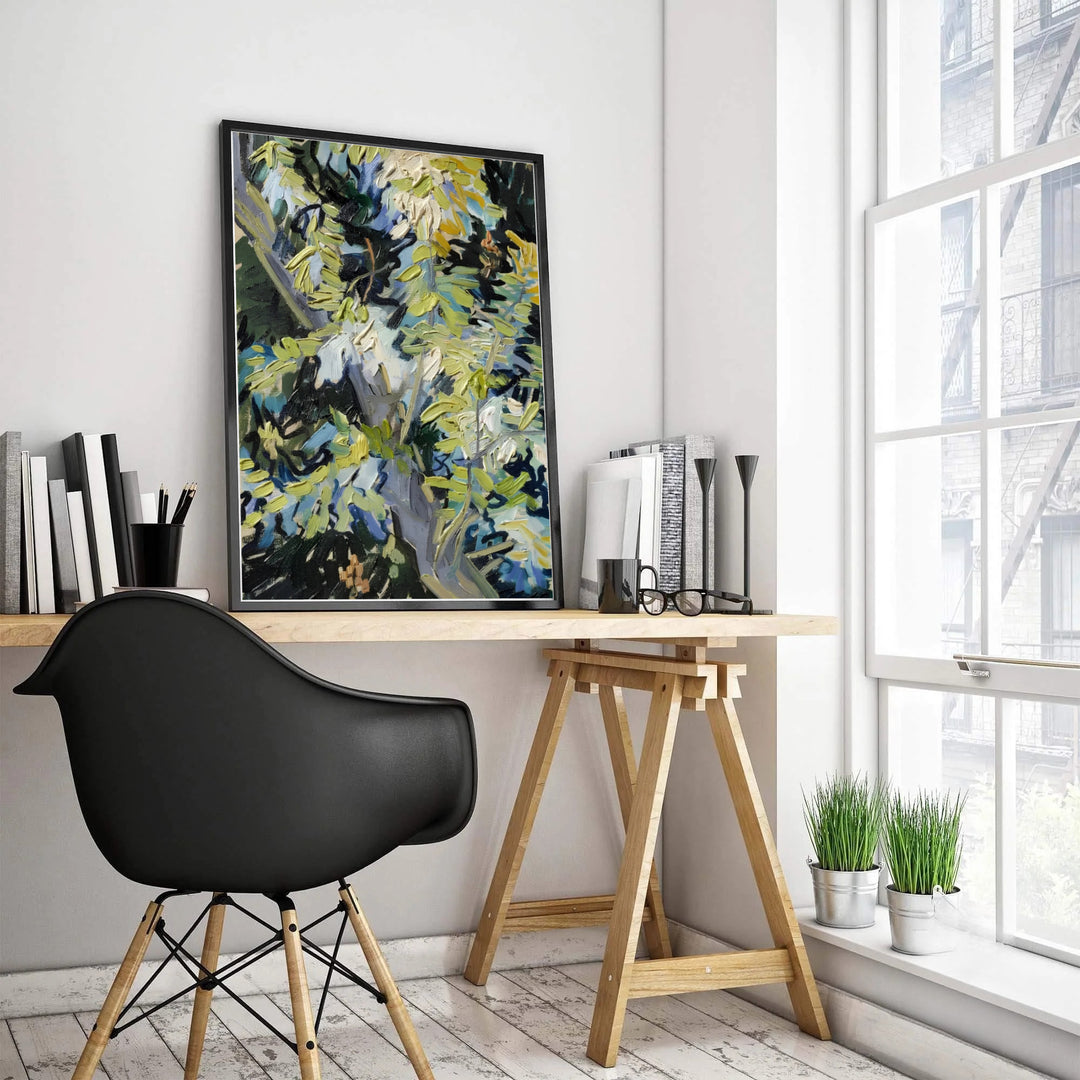 Impressionist botanical poster print of Vincent van Gogh Blossoming Acacia Branches 1890 depicting thick paint strokes in Auvers-sur-Oise France. MapYourDreams features high-quality framed wall decor, unframed prints, and stretched canvas options tailored for living rooms and bed settings.