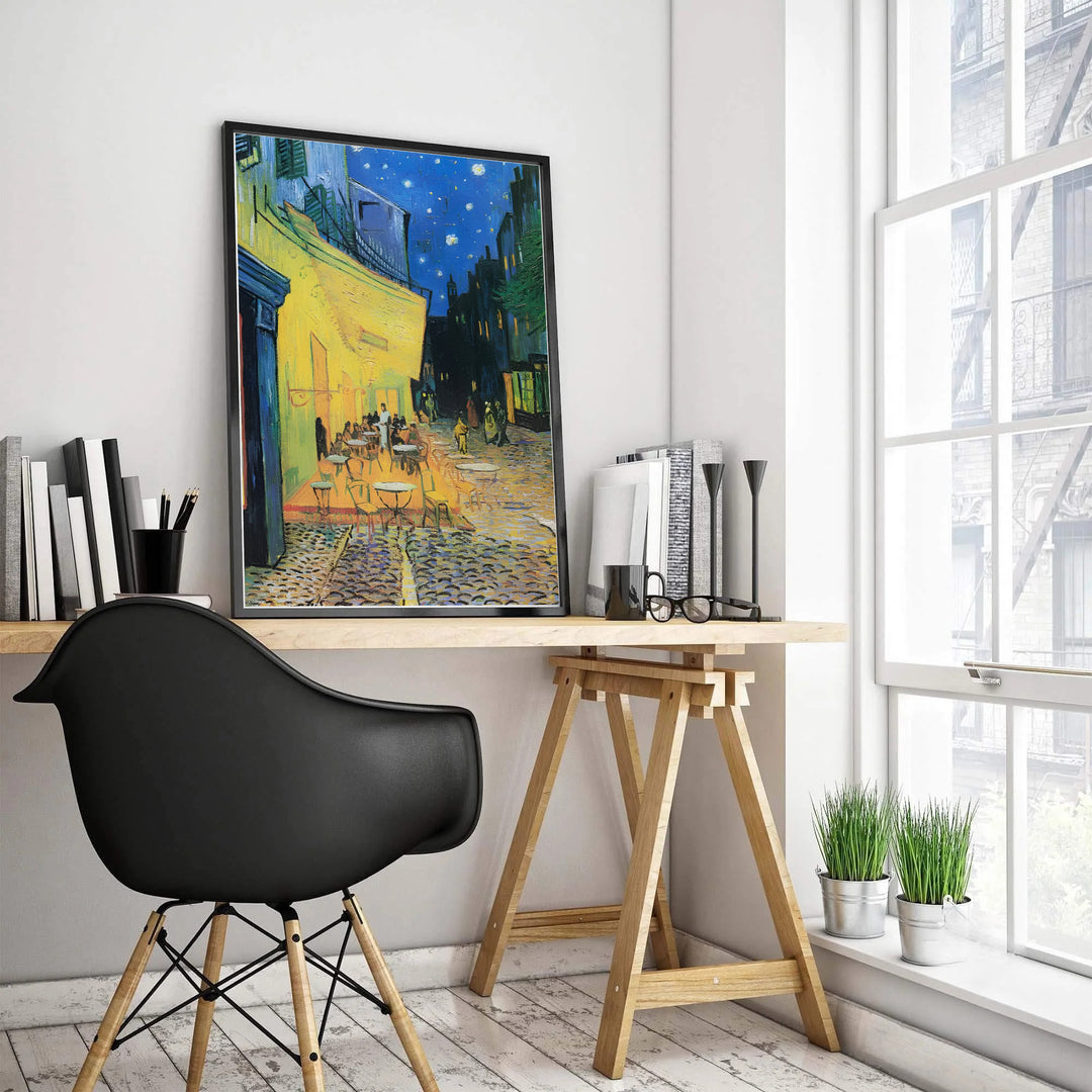 Impressionist night sky poster print of Vincent van Gogh Cafe Terrace at Night 1888 showcasing cobalt blue skies and yellow awnings on Place du Forum in Arles France. MapYourDreams features high-quality framed wall decor, unframed prints, and stretched canvas options for home decoration.
