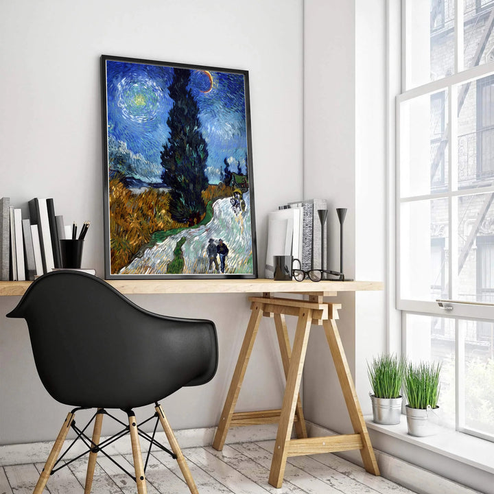 Nighttime rural canvas art print of Vincent van Gogh Country Road in Provence by Night 1890 depicting starry skies and cypress foliage in Saint-Rémy-de-Provence France. MapYourDreams offers versatile framed wall art, unframed poster prints, and stretched canvas choices for home decorators.