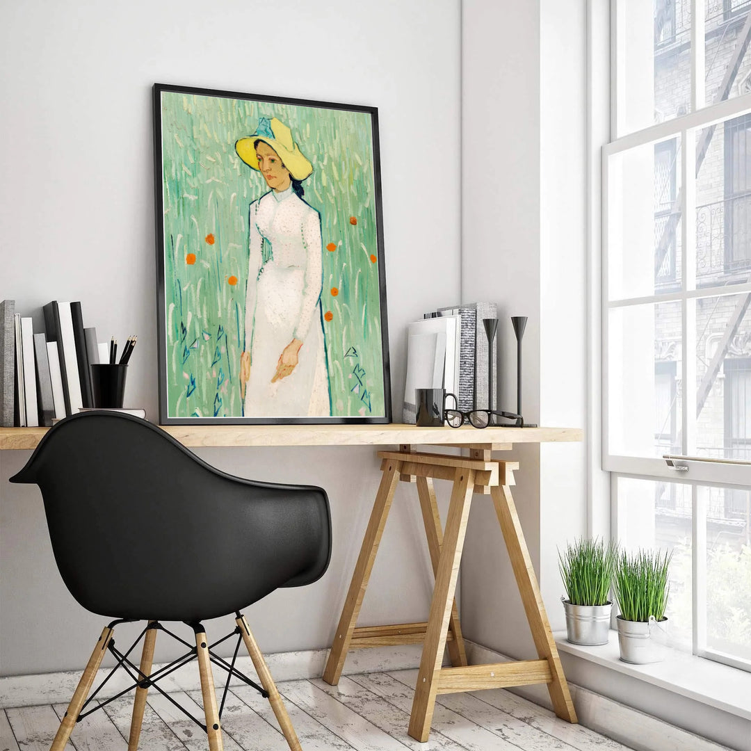 Classical French portrait art print of Vincent van Gogh Girl in White 1890 capturing a young woman in a white gown in Auvers-sur-Oise France. Select custom framed wall art, unframed paper poster prints, or gallery canvas formats at MapYourDreams for a refined art display.