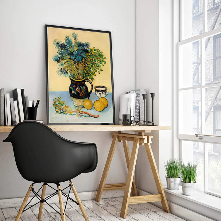 Classical floral ceramic art print of Vincent van Gogh Majolica Jar Wildflowers 1888 capturing a rustic jug in Arles France. Select custom framed wall art, unframed paper poster prints, or gallery canvas formats at MapYourDreams for a refined classic fine art collection display.