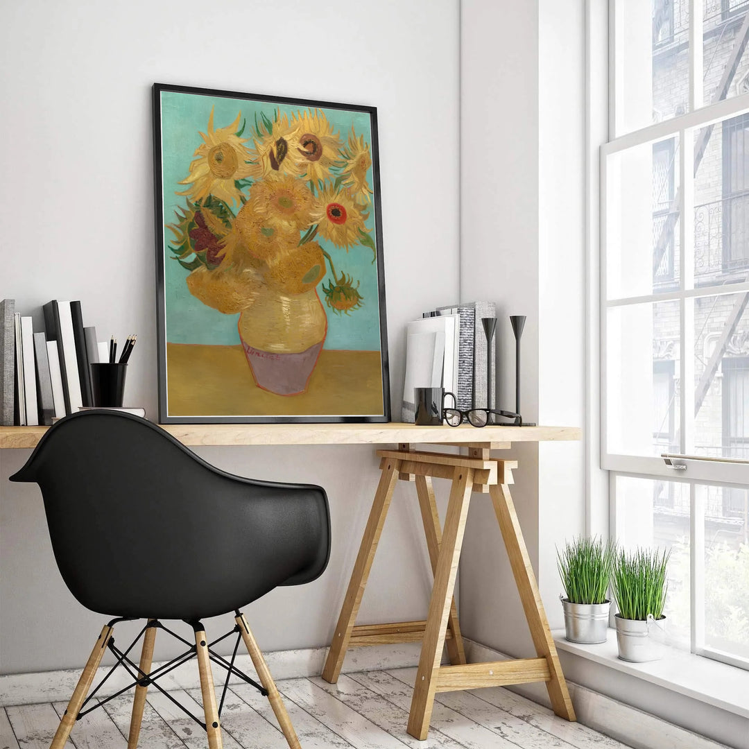 Impressionist still life poster print of Vincent van Gogh Sunflowers on Blue 1888 showcasing vibrant contrast in Arles France. MapYourDreams features high-quality framed wall decor, unframed prints, and stretched canvas options ideal for modern interior wall decoration.