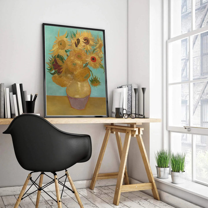 Impressionist still life poster print of Vincent van Gogh Sunflowers on Blue 1888 showcasing vibrant contrast in Arles France. MapYourDreams features high-quality framed wall decor, unframed prints, and stretched canvas options ideal for modern interior wall decoration.