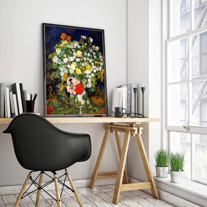 Impressionist still life poster print of Vincent van Gogh Vase With Flowers 1890 showcasing dramatic contrast in Auvers-sur-Oise France. MapYourDreams features high-quality framed wall decor, unframed prints, and stretched canvas options ideal for modern dark academia wall decoration.