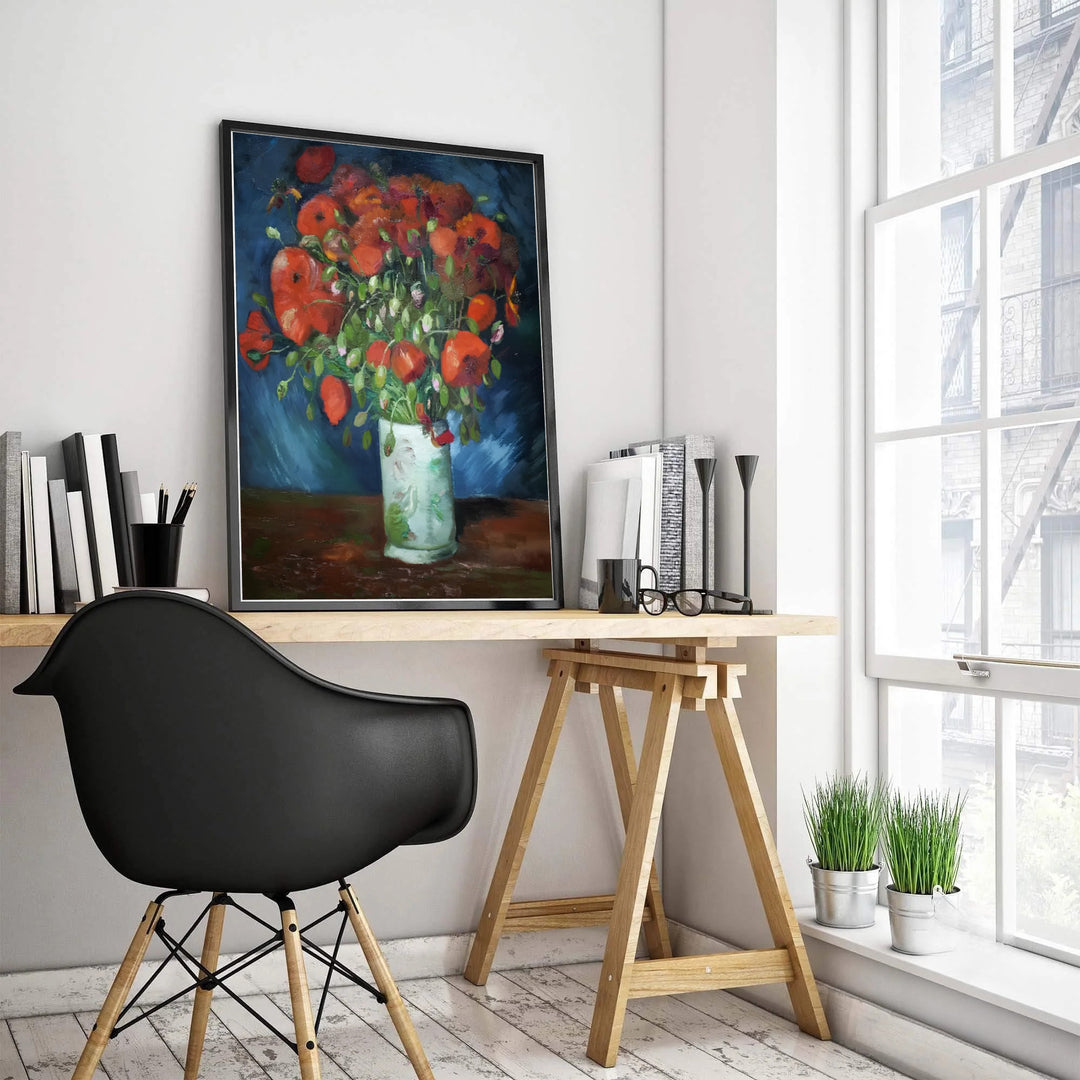Impressionist still life poster print of Vincent van Gogh Vase With Red Poppies 1886 showcasing dynamic color contrast in Paris France. MapYourDreams features high-quality framed wall decor, unframed prints, and stretched canvas options ideal for modern maximalist wall decoration.