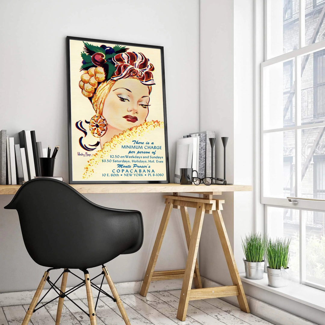 Vintage Manhattan nightlife art print featuring Monte Proser Copacabana branding and 1940s showgirl fashion illustration, supplied by MapYourDreams with selection options for an unframed poster, gallery stretched canvas, or custom framed print decor for living room accent walls.