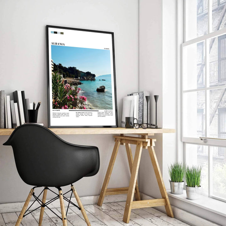 Soft Mediterranean sunlight illuminates the coastal cliffs and historic roadway near Uji i Ftohtë in Vlorë Albania, accented by minimal editorial layout blocks. MapYourDreams offers this piece printed on archival stock with options for custom frames or canvas wraps to complete your gallery wall.