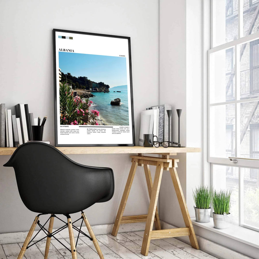 Soft Mediterranean sunlight illuminates the coastal cliffs and historic roadway near Uji i Ftohtë in Vlorë Albania, accented by minimal editorial layout blocks. MapYourDreams offers this piece printed on archival stock with options for custom frames or canvas wraps to complete your gallery wall.