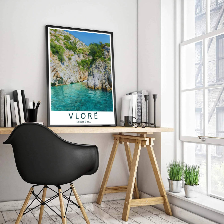 Soft daytime sunlight illuminates the rugged gorge walls and crystal-clear waters of Gjipe Beach Albania, accented by bold serif typography reading Vlorë Shqipëria. MapYourDreams offers this piece printed on archival stock with options for custom frames or canvas wraps to complete your gallery wall.
