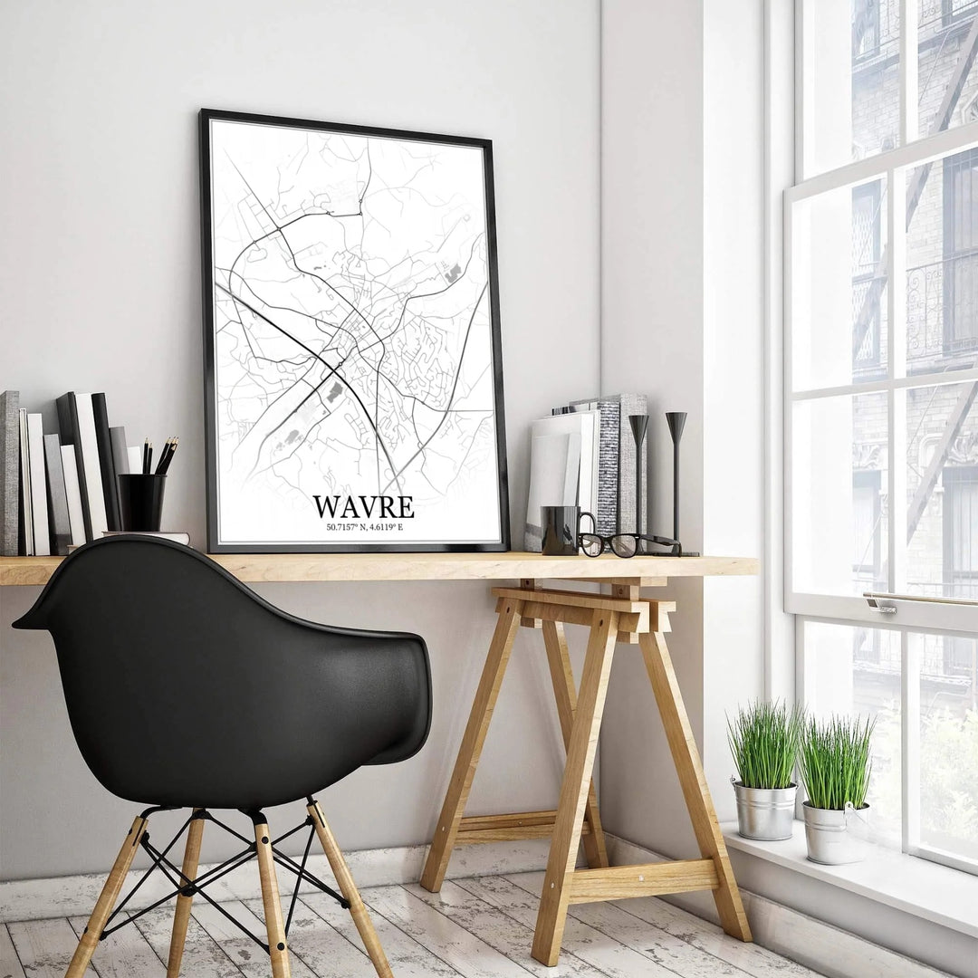 Contemporary street map artwork showcasing the intricate road layout and geographic features of Wavre, Belgium, with refined serif header text. Offered by MapYourDreams, this artwork is available in flexible options including unframed paper, custom wooden frames, and gallery canvas wraps.
