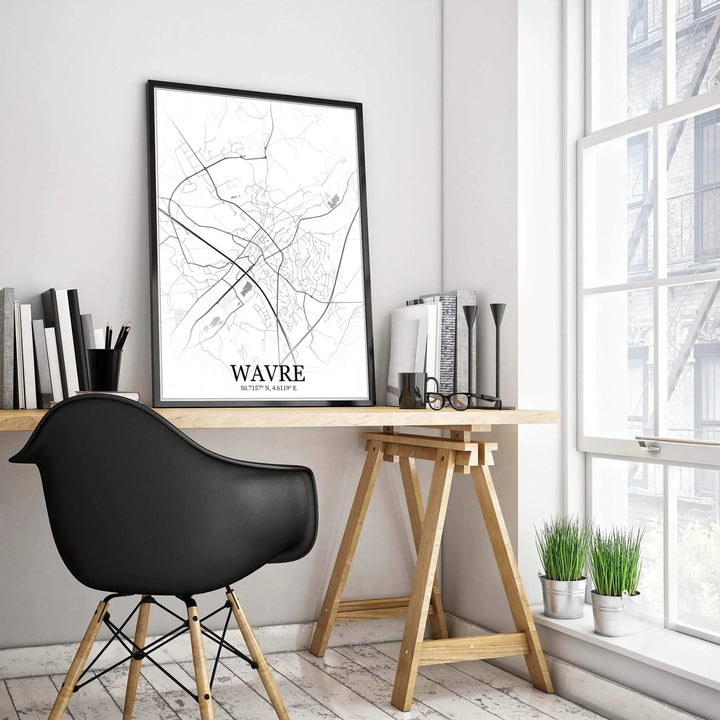 Contemporary street map artwork showcasing the intricate road layout and geographic features of Wavre, Belgium, with refined serif header text. Offered by MapYourDreams, this artwork is available in flexible options including unframed paper, custom wooden frames, and gallery canvas wraps.