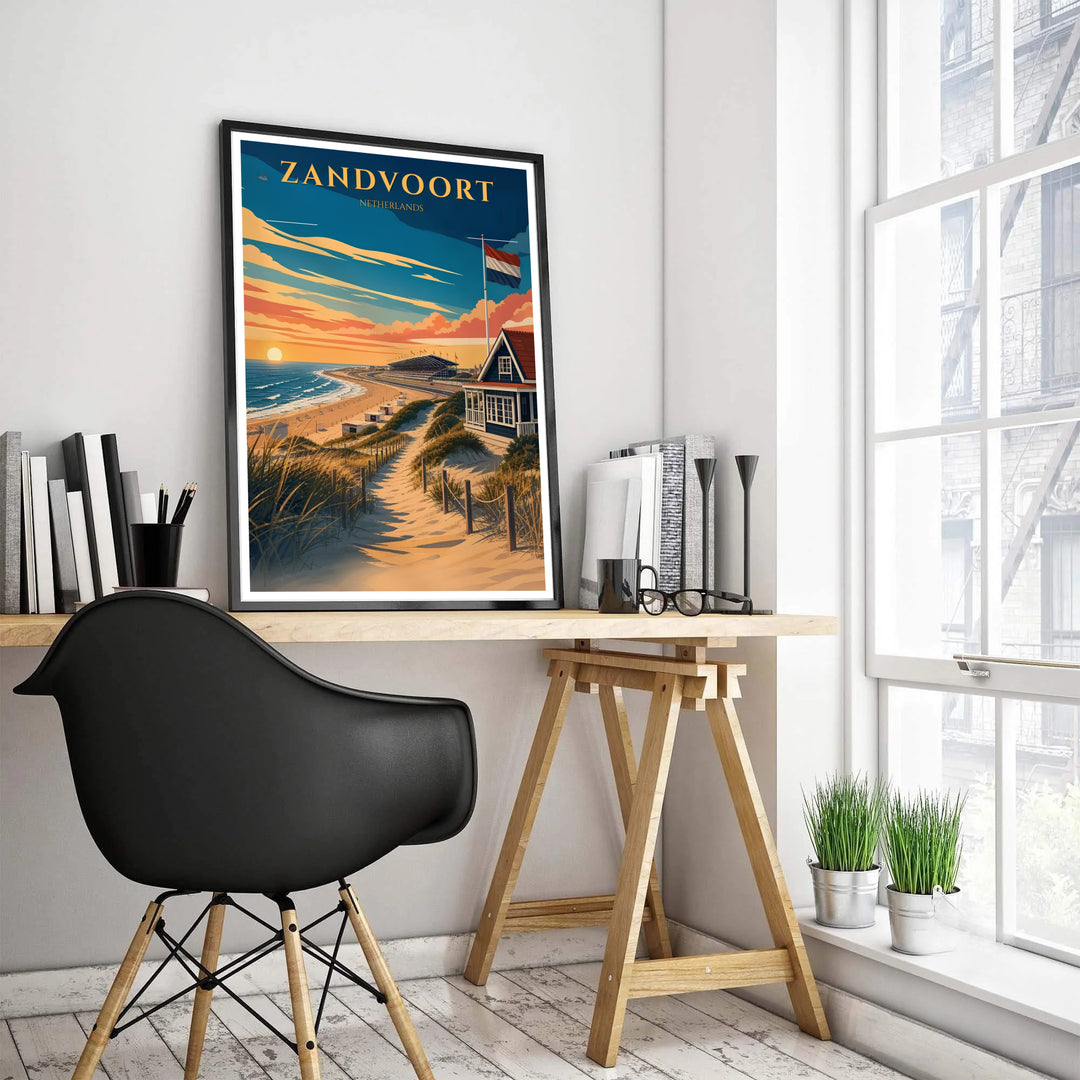 Scenic coastal vector print featuring sandy pathways leading toward a sunset beach house and Circuit Zandvoort in the Netherlands, provided by MapYourDreams with choices spanning unframed art prints, stretched canvas decor, and custom frame choices in black, white, and natural wood finishes.