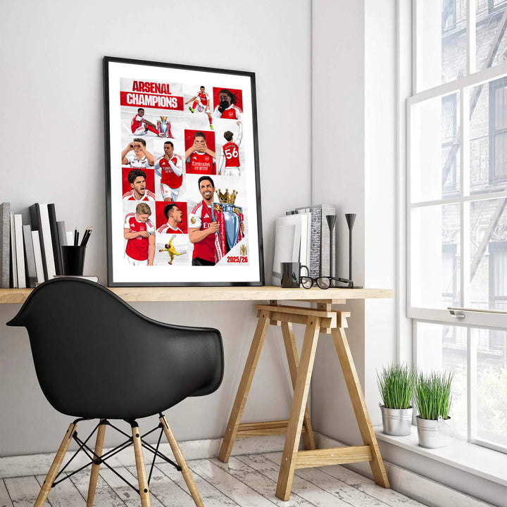 High definition Arsenal 25/26 Champions poster print capturing team players and trophy presentation at Emirates Stadium, available as unframed, framed, or canvas options for soccer decor.