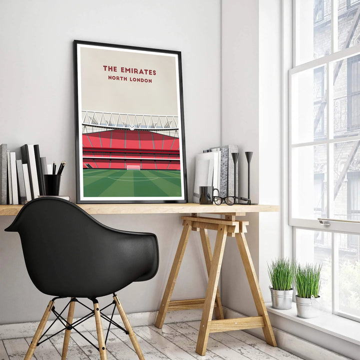 Arsenal Emirates Stadium architectural poster print showcasing red tiered seating and crisp stadium lines, available as an unframed print, framed picture, or canvas wall decor item.
