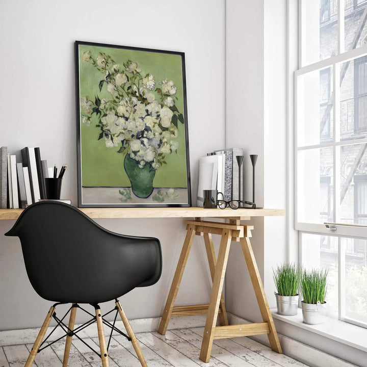 Classical floral ceramic vase print of Vincent van Gogh Roses 1890 capturing a bouquet in Saint-Remy-de-Provence France. Select custom framed wall art, unframed paper poster prints, or gallery canvas formats at MapYourDreams for a polished fine art gallery wall display.