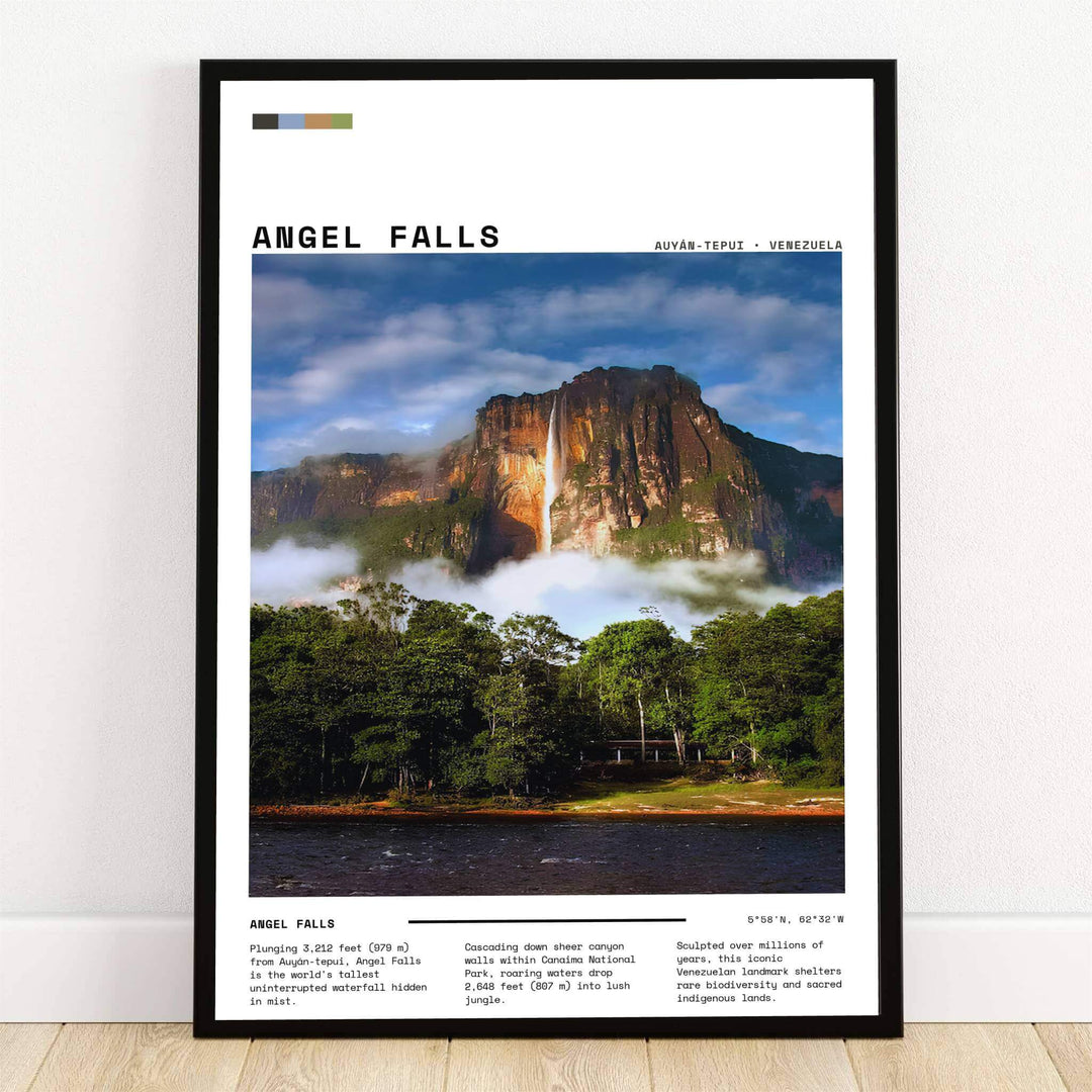 ANGEL FALLS VENEZUELA photo print featuring golden sandstone Auyán-tepui cliffs, misty rainforest canopy, and detailed editorial typography. Crafted by MapYourDreams, this design can be ordered as borderless archival paper, custom wooden frames, or gallery canvas wraps.