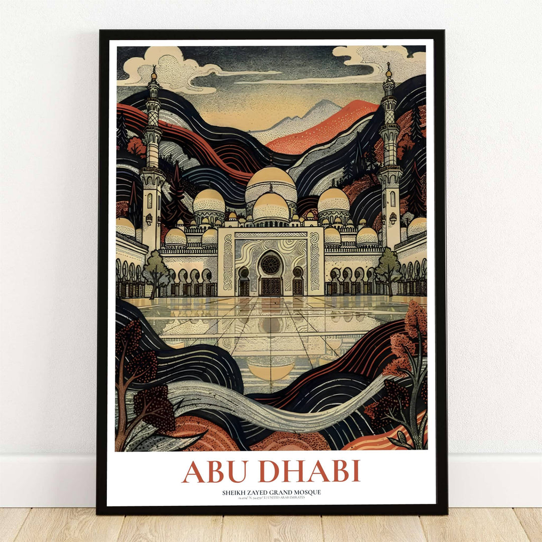 Woodblock style art print depicting Abu Dhabi Sheikh Zayed Grand Mosque with courtyard reflections and wavy background hills. Offered by MapYourDreams, this artwork is available in flexible options including unframed paper, custom wooden frames, and gallery canvas wraps for room decor.