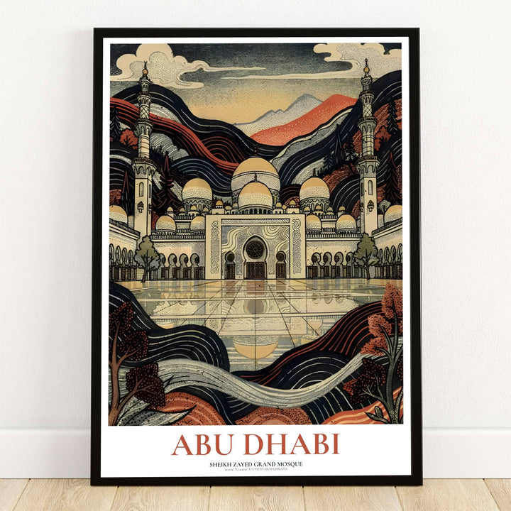 Woodblock style art print depicting Abu Dhabi Sheikh Zayed Grand Mosque with courtyard reflections and wavy background hills. Offered by MapYourDreams, this artwork is available in flexible options including unframed paper, custom wooden frames, and gallery canvas wraps for room decor.